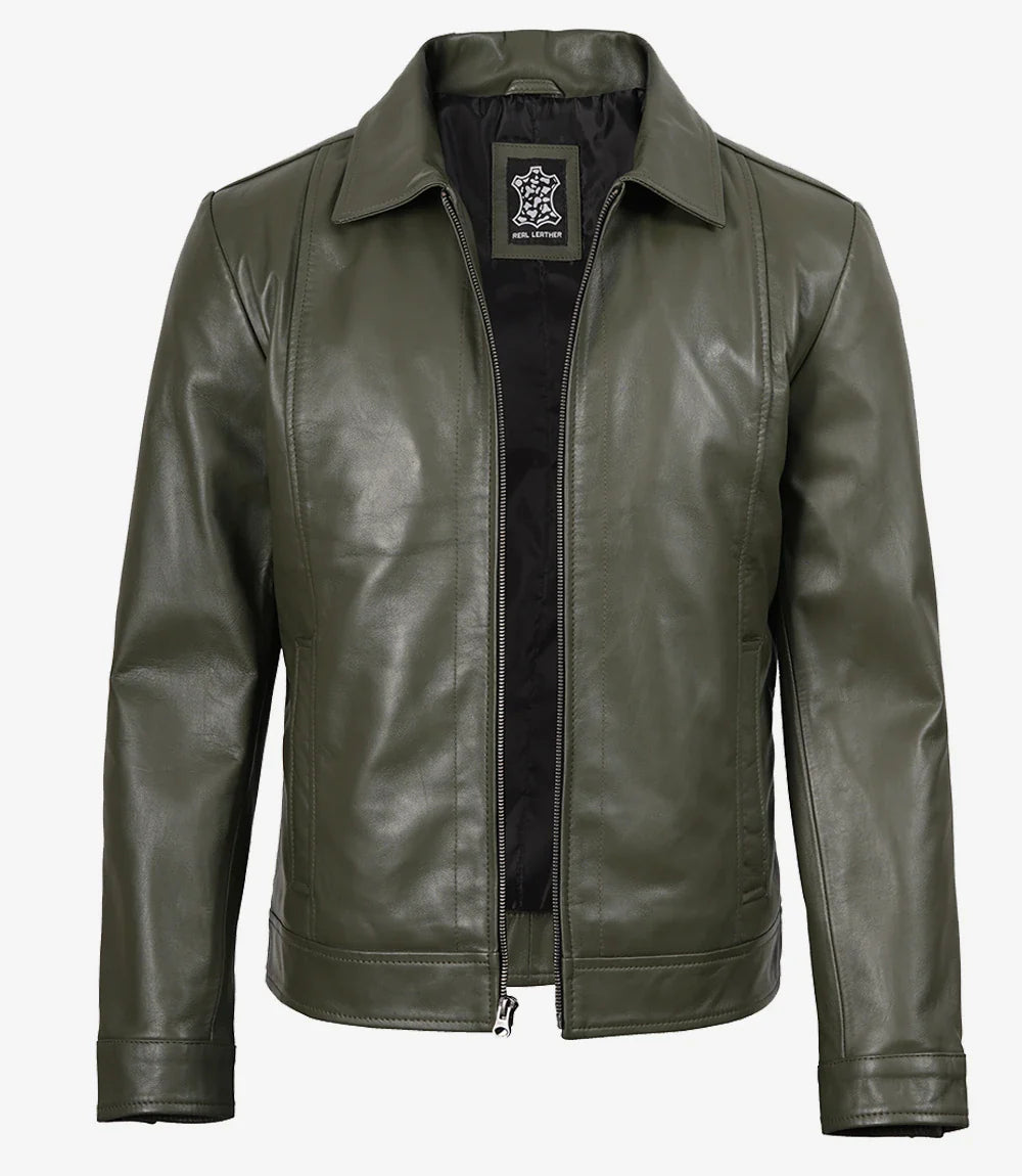 Men's Classic Shirt Collar Olive Green Leather Jacket
