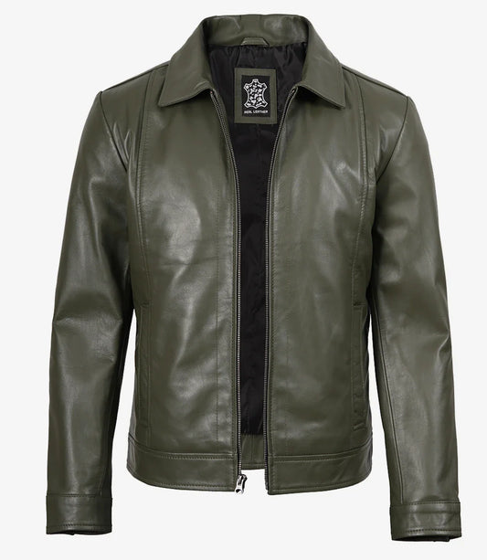 Men's Classic Shirt Collar Olive Green Leather Jacket