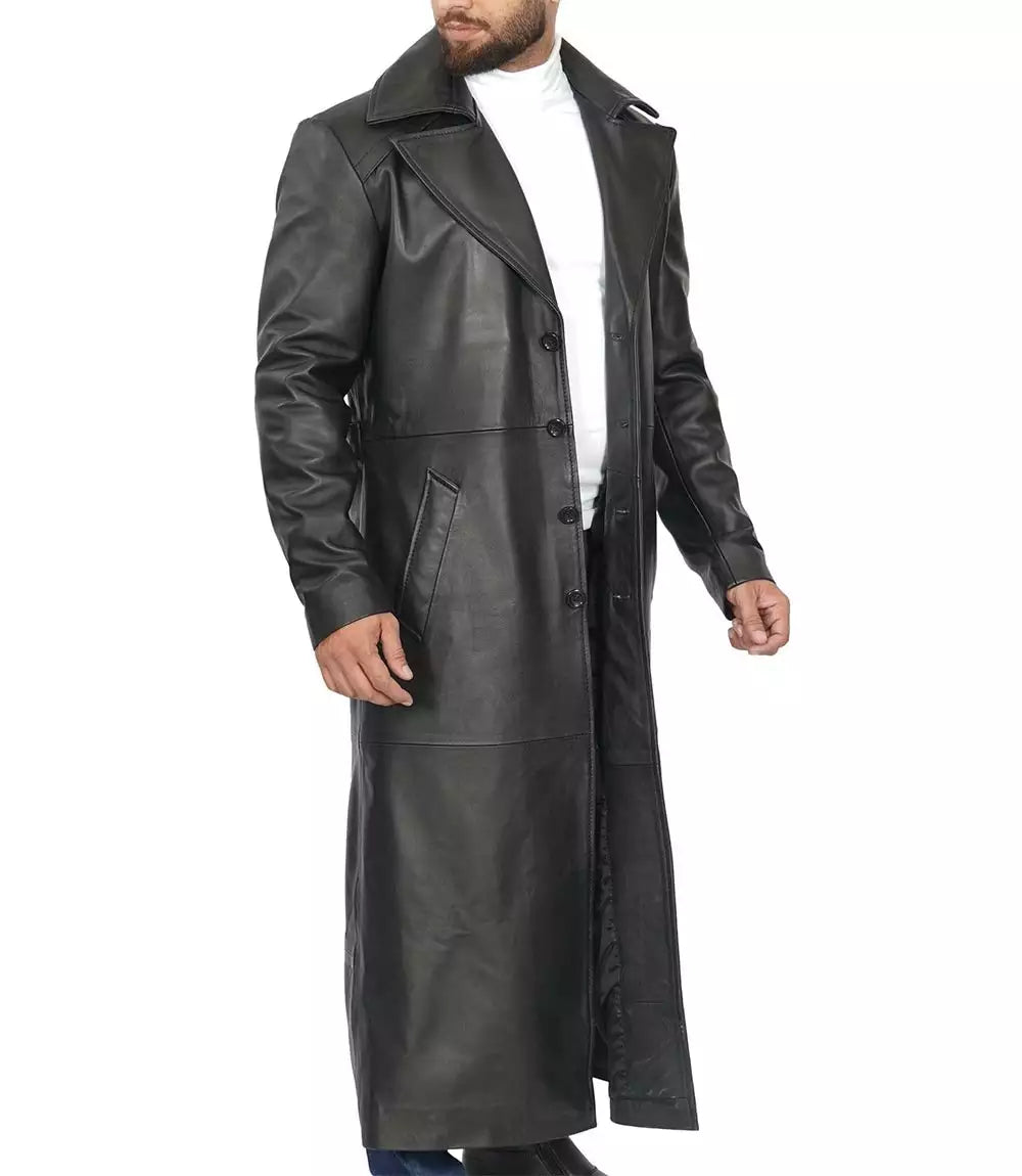 Men's Full-Length Black Leather Coat - Duster Coat