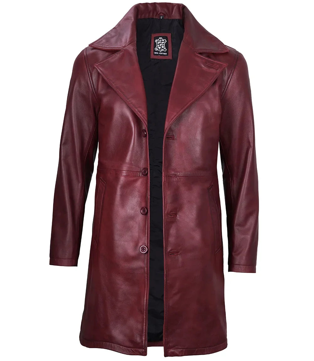 Men's Burgundy Lambskin Leather Car Coat
