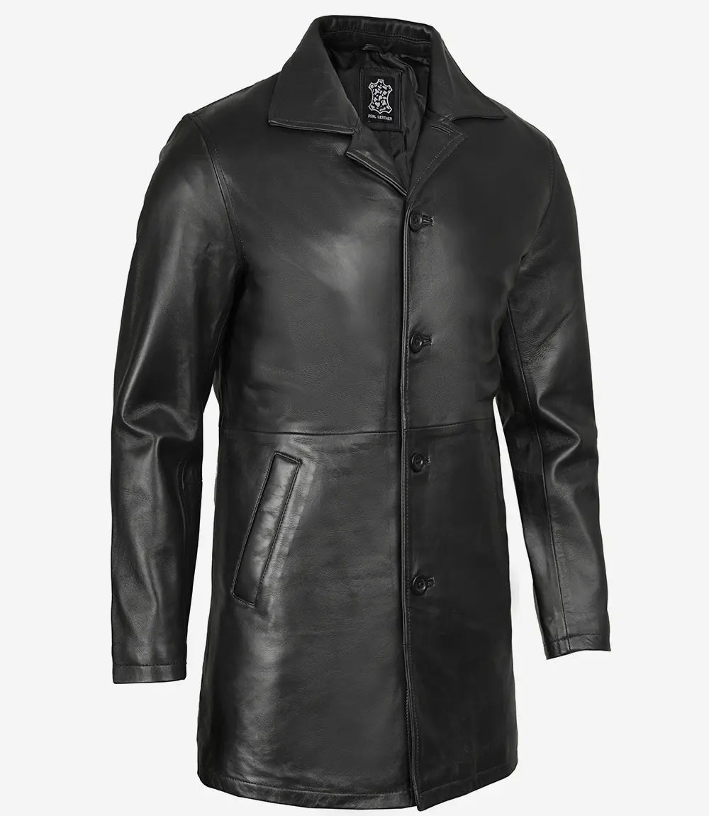 Men's Tall Three Quarter Length Black Leather Coat