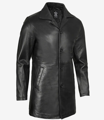 Men's Tall Three Quarter Length Black Leather Coat