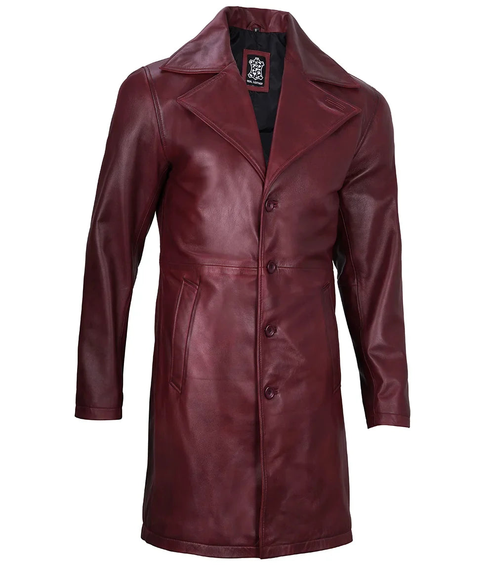 Men's Burgundy Lambskin Leather Car Coat