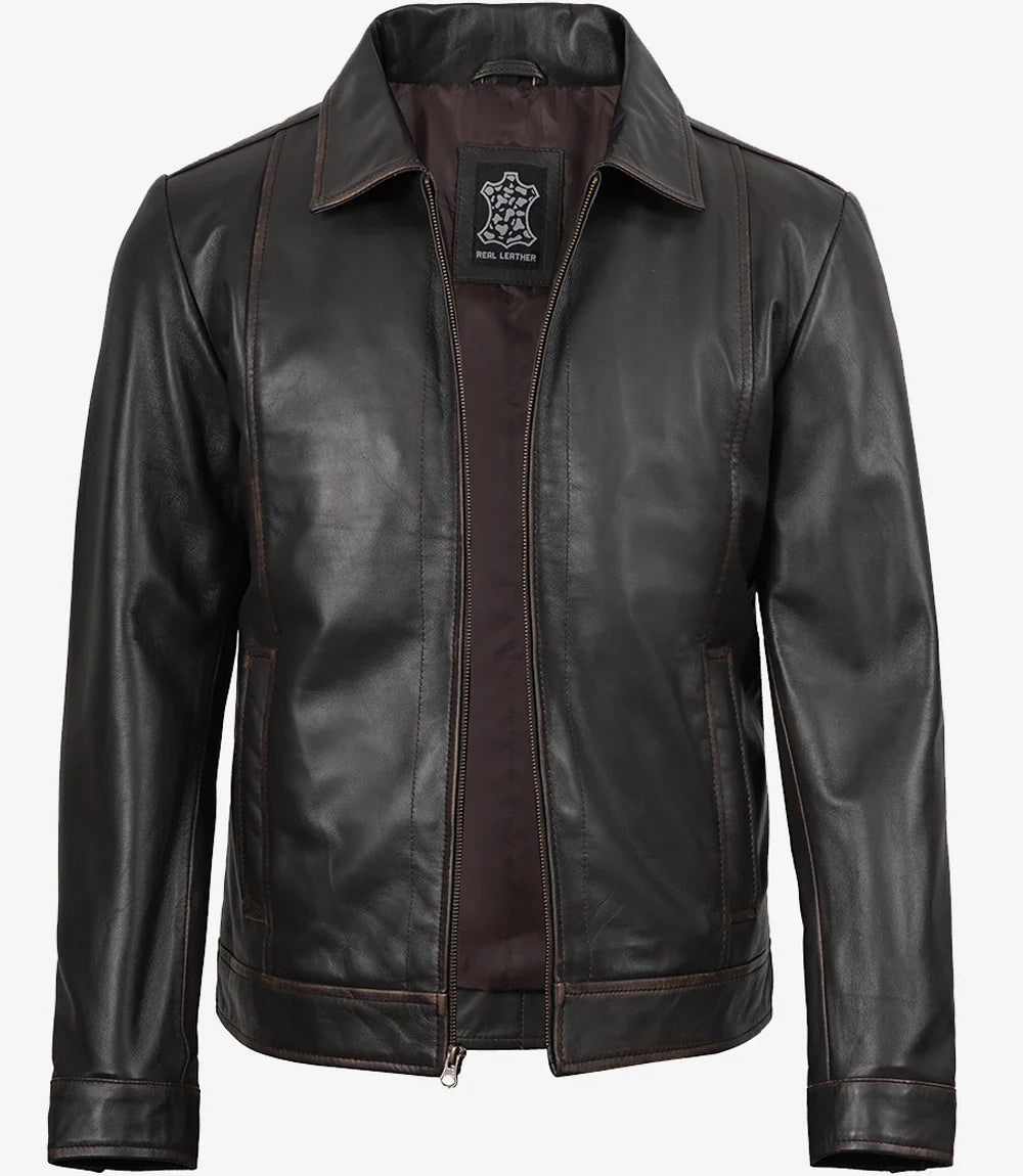 Mens Shirt Collar Classic Distressed Brown Leather Jacket