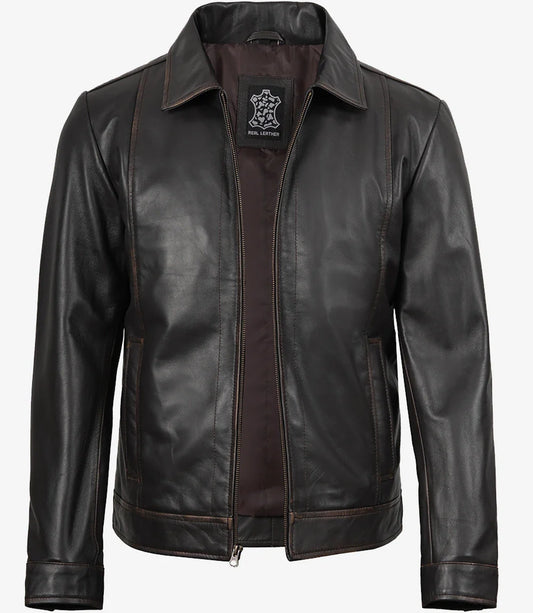Mens Shirt Collar Classic Distressed Brown Leather Jacket