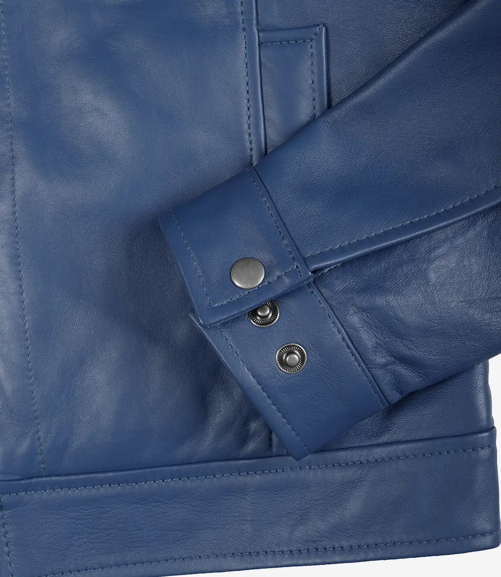 Men's Classic Blue Leather Jacket with Shirt Collar