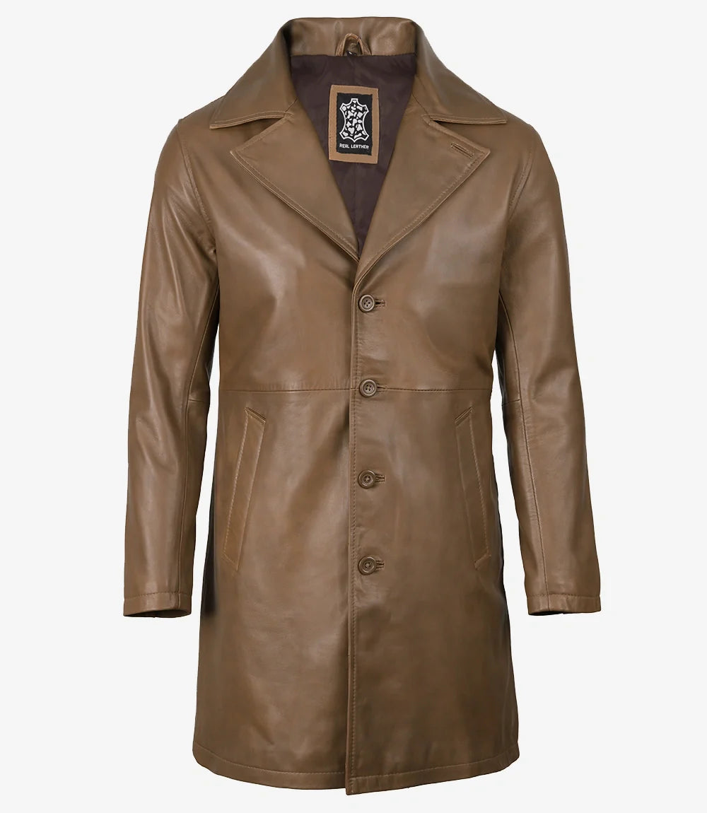 Mens 3/4 Length Lambskin Leather Brown Coat