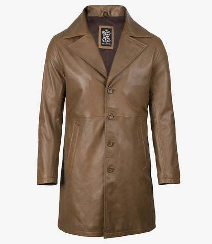 Mens 3/4 Length Lambskin Leather Brown Coat