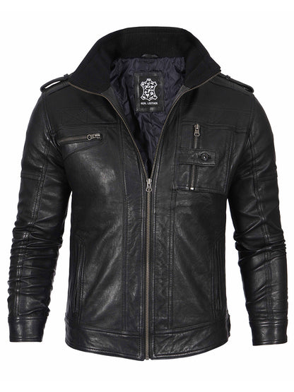 Mens Black Waxed Cafe Racer Style Leather Jacket