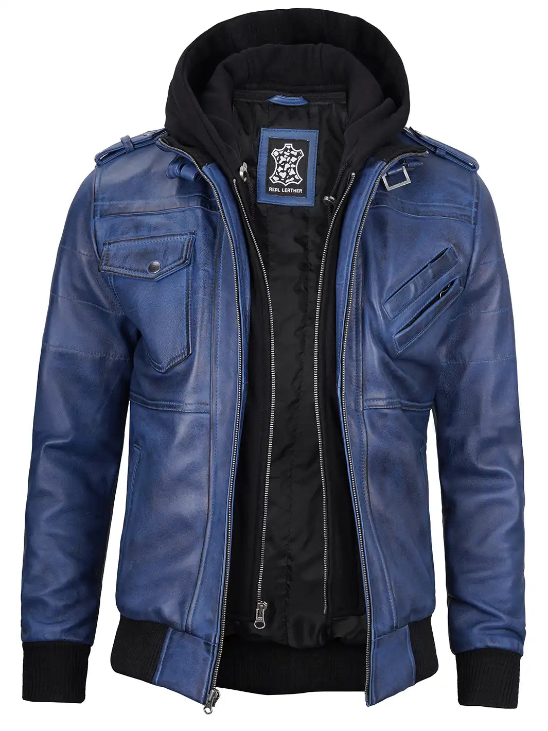 Men's Blue Wax Lambskin Bomber Jacket with Removable Hood