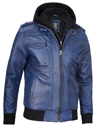 Men's Blue Wax Lambskin Bomber Jacket with Removable Hood