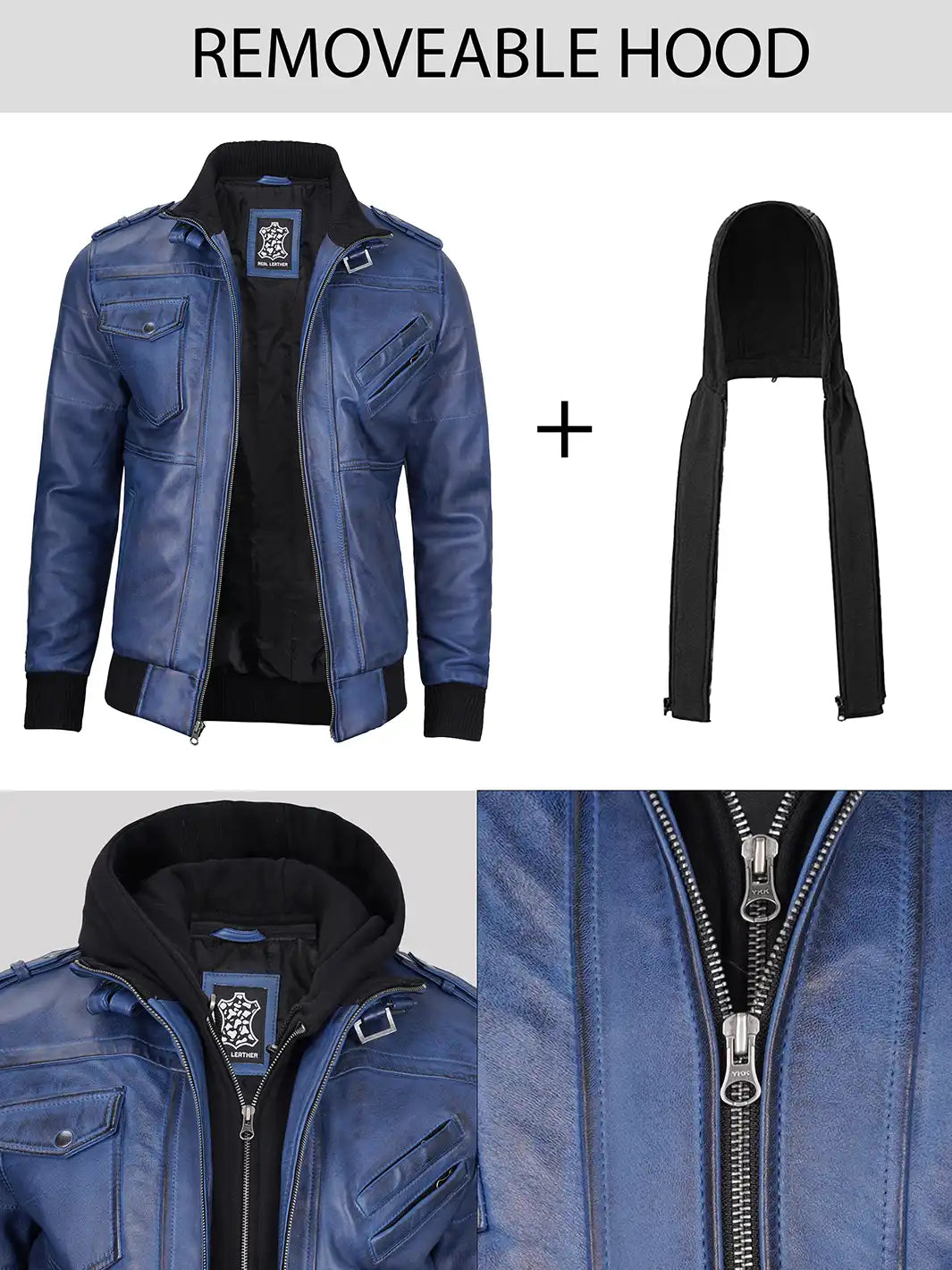 Men's Blue Wax Lambskin Bomber Jacket with Removable Hood