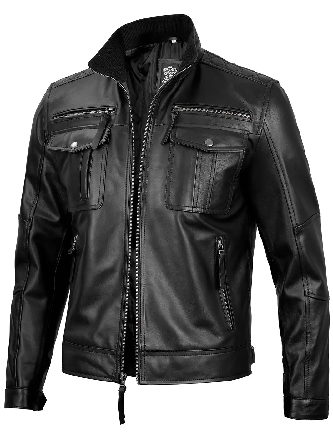 Moffit Mens Black Cafe Racer Style Real Leather Jacket