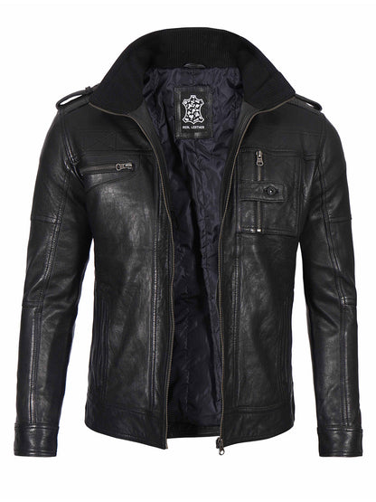 Mens Black Waxed Cafe Racer Style Leather Jacket