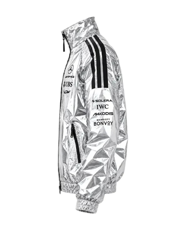 Mercedes F1 metallic silver jacket with zipper closure and elastic cuffs