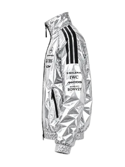 Mercedes F1 metallic silver jacket with zipper closure and elastic cuffs