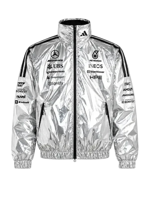 Mercedes F1 metallic silver jacket with zipper closure and elastic cuffs