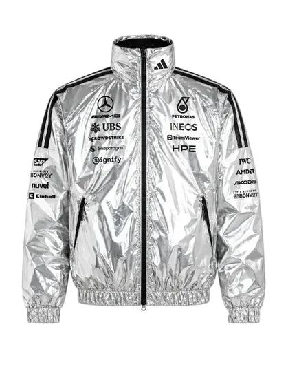 Mercedes F1 metallic silver jacket with zipper closure and elastic cuffs