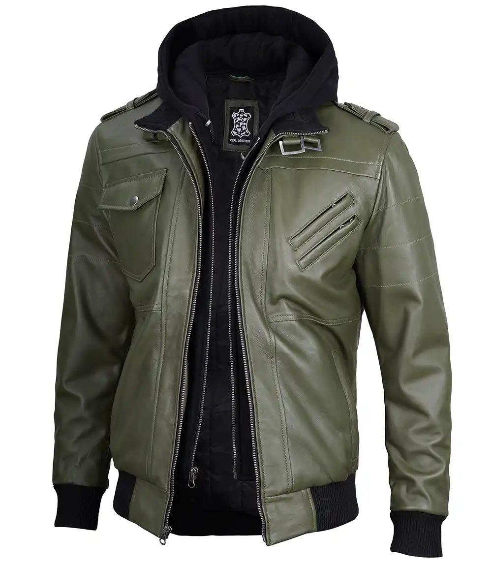 Mens Army Green Bomber Leather Jacket Max Jackets