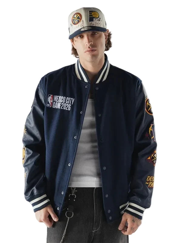 NBA Mexico City Game 2026 navy and black varsity jacket front view