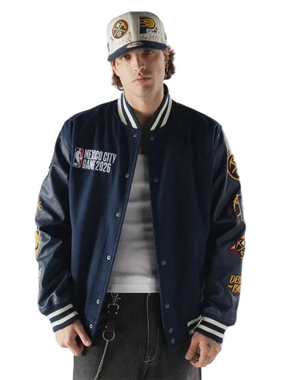 NBA Mexico City Game 2026 navy and black varsity jacket front view
