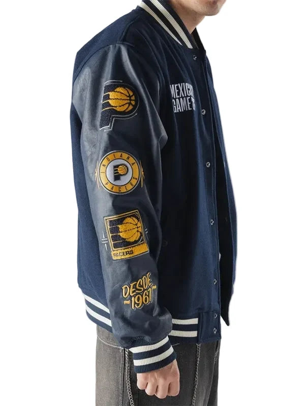 Navy blue varsity jacket with leather sleeves and button closure