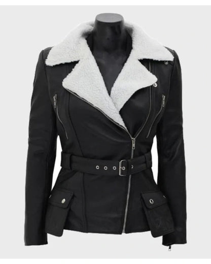 Natalie Shearling Leather Black Belted Biker Jacket Max Jackets