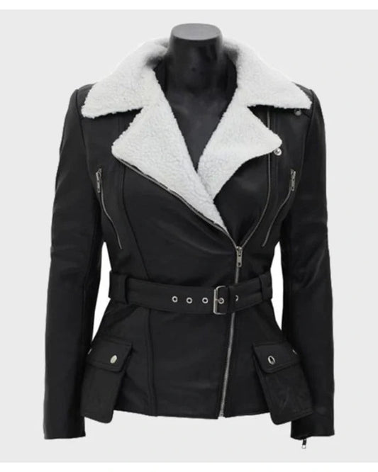 Natalie Shearling Leather Black Belted Biker Jacket Max Jackets