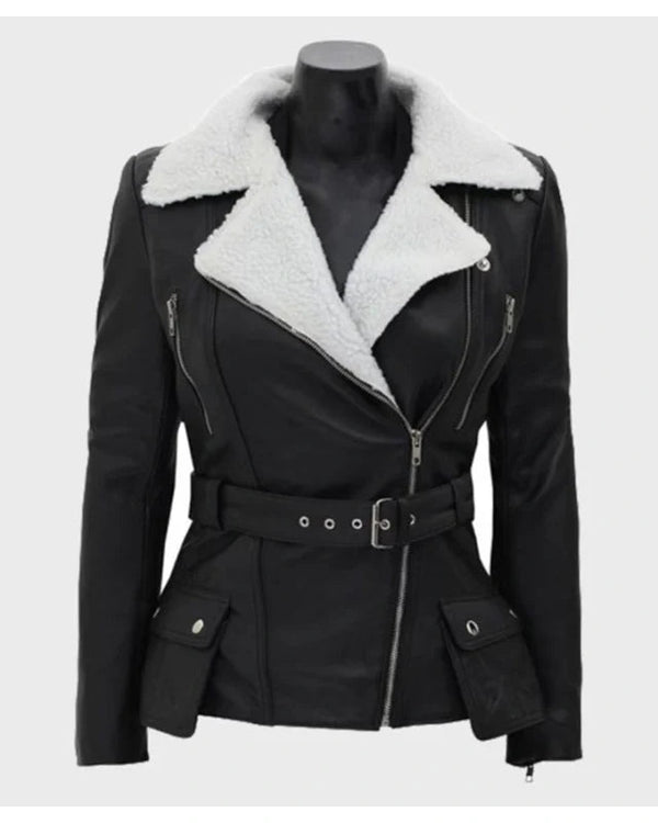 Natalie Shearling Leather Black Belted Biker Jacket Max Jackets