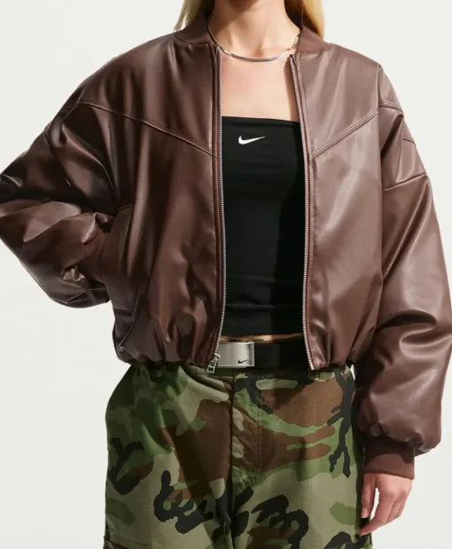 Women's Nike Therma-FIT Brown Leather Bomber Jacket