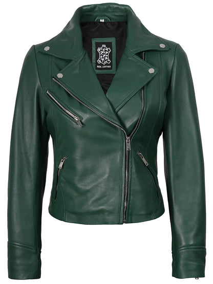 Ninfa Women's Asymmetrical Biker Style Green Leather Jacket