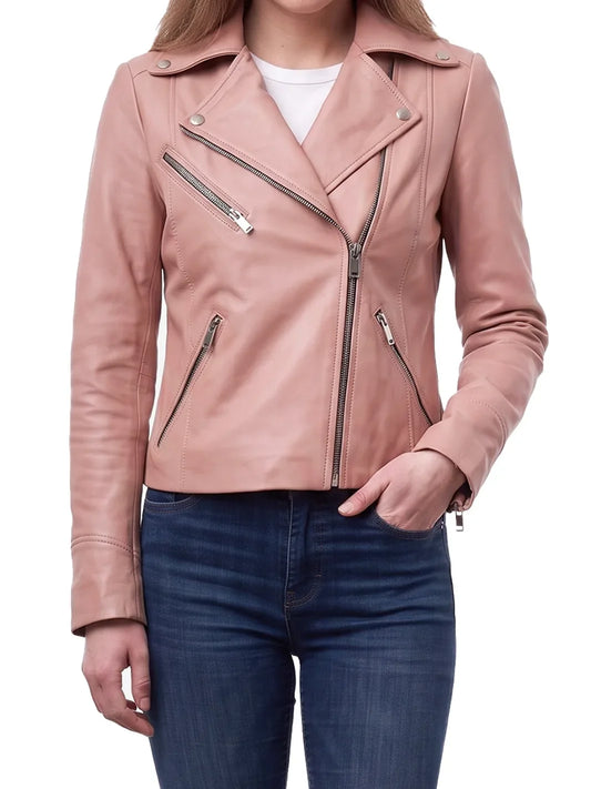 Ninfa Women's Pink Asymmetrical Biker Style Leather Jacket