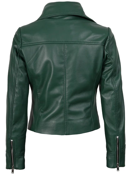 Ninfa Women's Asymmetrical Biker Style Green Leather Jacket