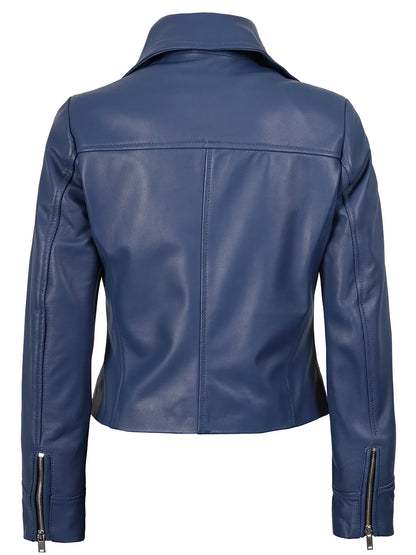Ninfa Women's Blue Asymmetrical Biker Style Leather Jacket