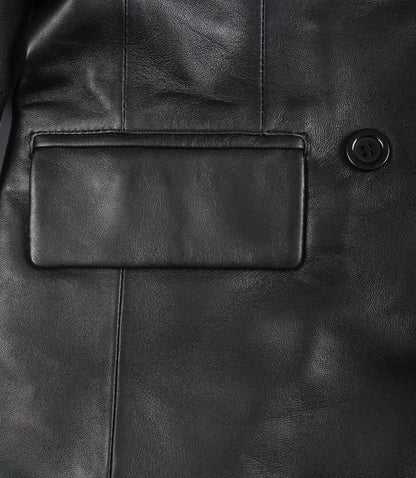 Notch Lapel Collar Double Breasted Black Leather Coat Women