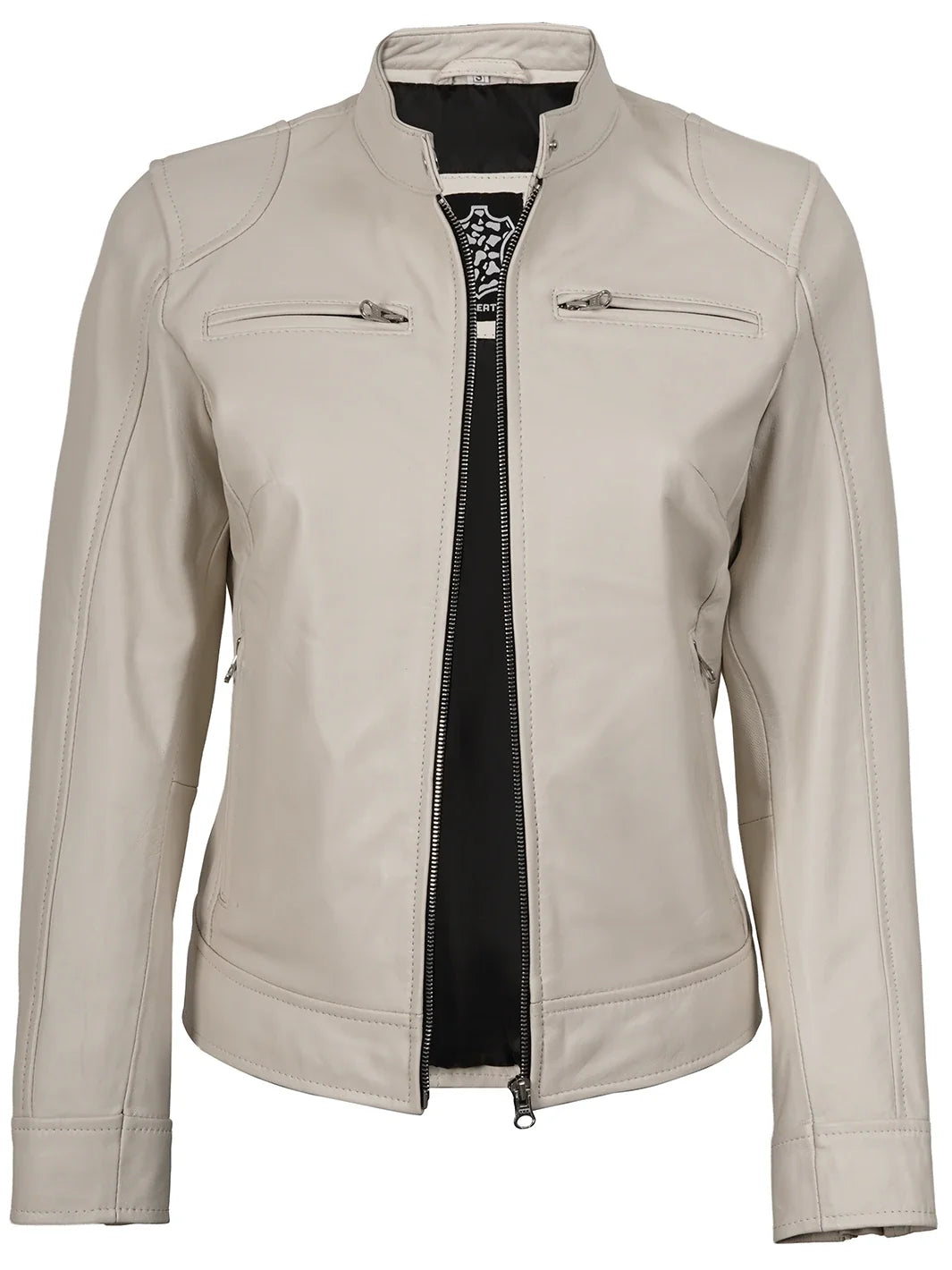 Dodge Women's Off White Cafe Racer Leather Jacket