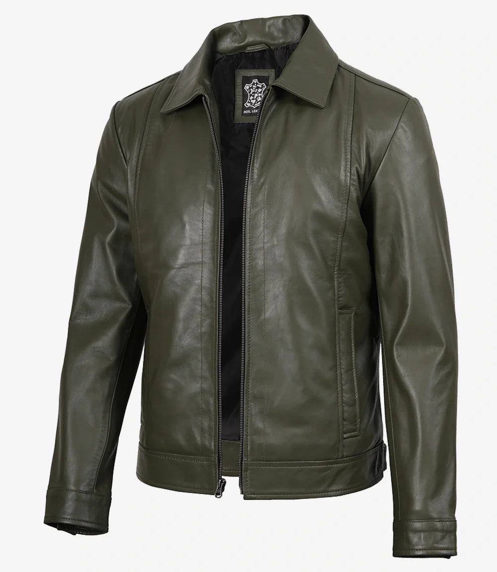 Men's Classic Shirt Collar Olive Green Leather Jacket