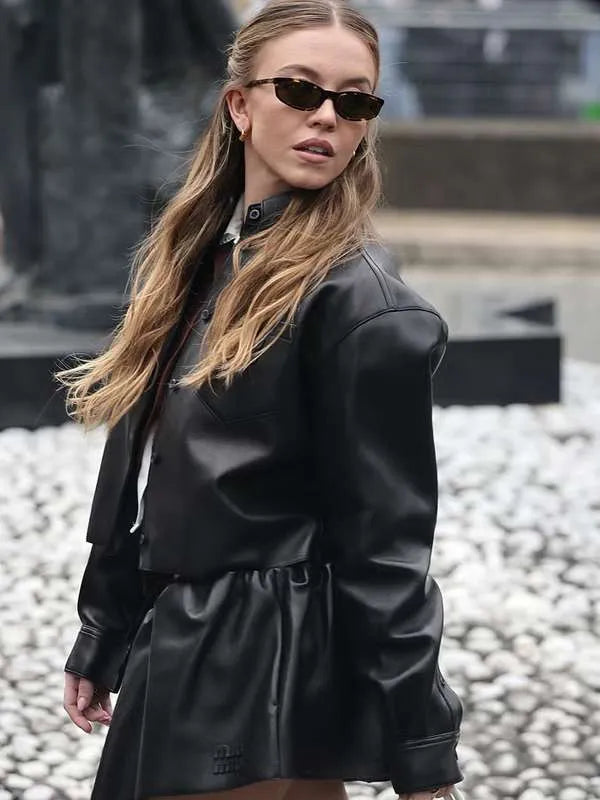 Sydney Sweeney PFW 2025 Black Leather Jacket Max Jackets