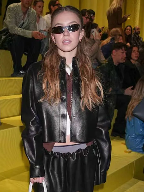 Sydney Sweeney PFW 2025 Black Leather Jacket Max Jackets