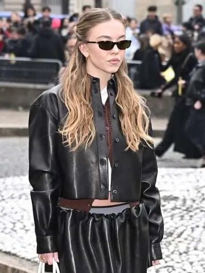 Sydney Sweeney PFW 2025 Black Leather Jacket Max Jackets