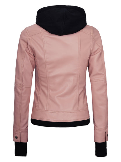 Womens Pink Bomber Leather Jacket | Removable Hood