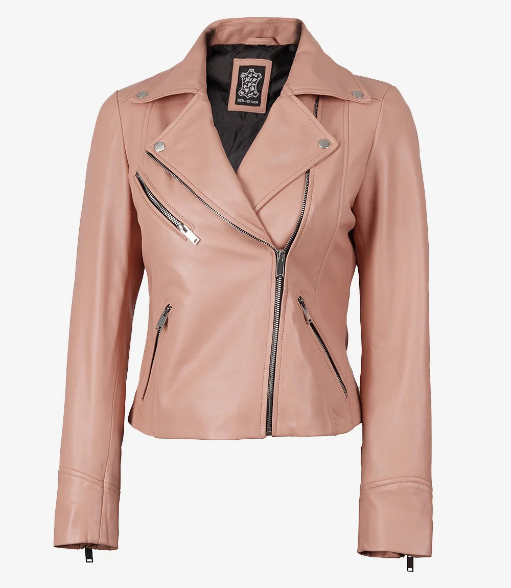 Women's Real Lambskin Leather Pink Asymmetrical Jacket