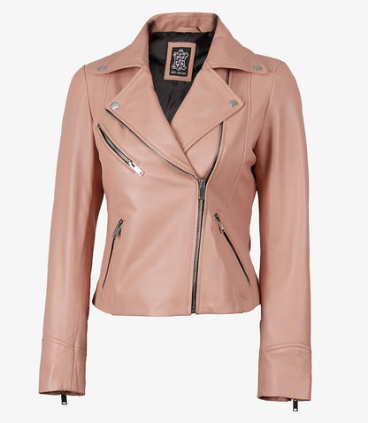 Women's Real Lambskin Leather Pink Asymmetrical Jacket
