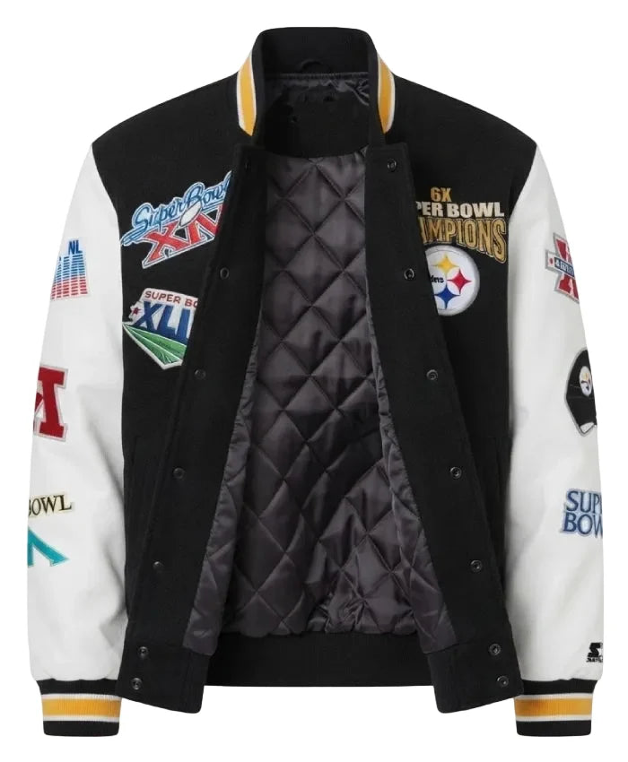 Steelers black white cotton varsity jacket with rib-knitted collar