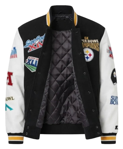 Steelers black white cotton varsity jacket with rib-knitted collar