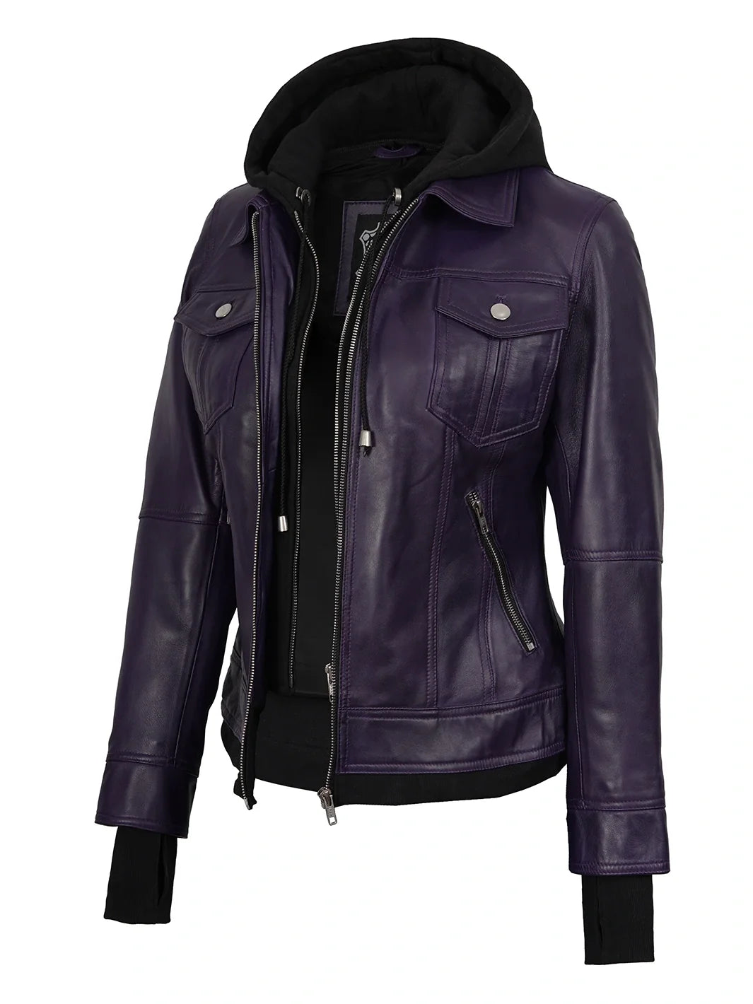 Women's Purple Hooded Leather Bomber Jacket