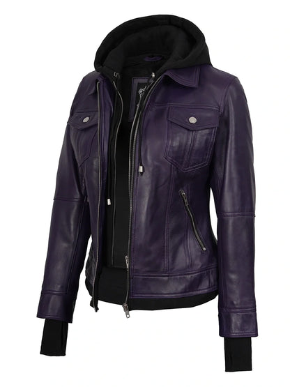 Women's Purple Hooded Leather Bomber Jacket