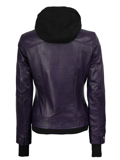 Women's Purple Hooded Leather Bomber Jacket