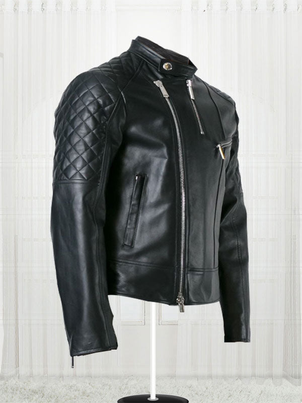 Quilt Sleeved Black Leather Jacket Max Jackets