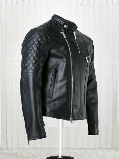 Quilt Sleeved Black Leather Jacket Max Jackets